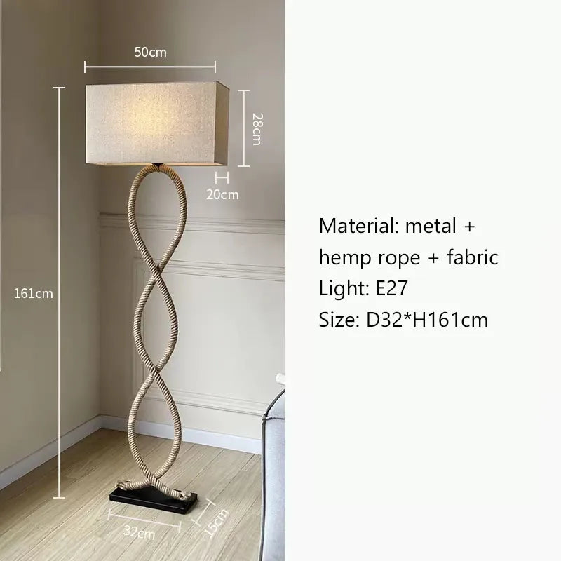 Floor lamp with dimensions and material details on a plain background