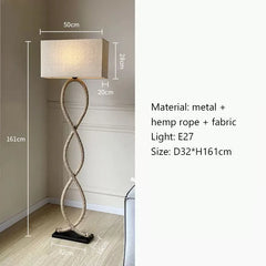Floor lamp with dimensions and material details on a plain background