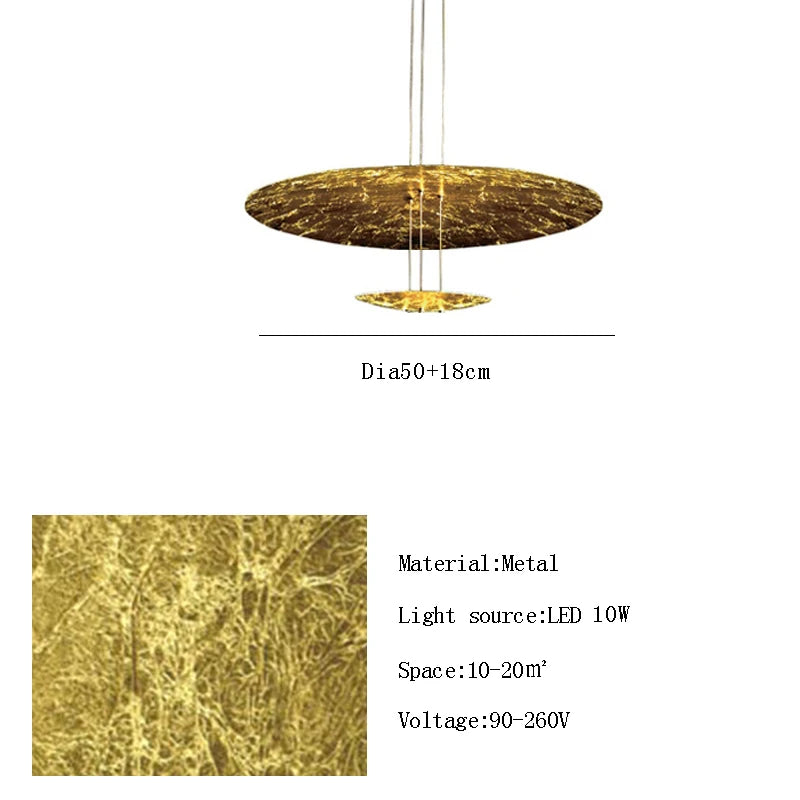 Gold pendant light with specifications on a white background