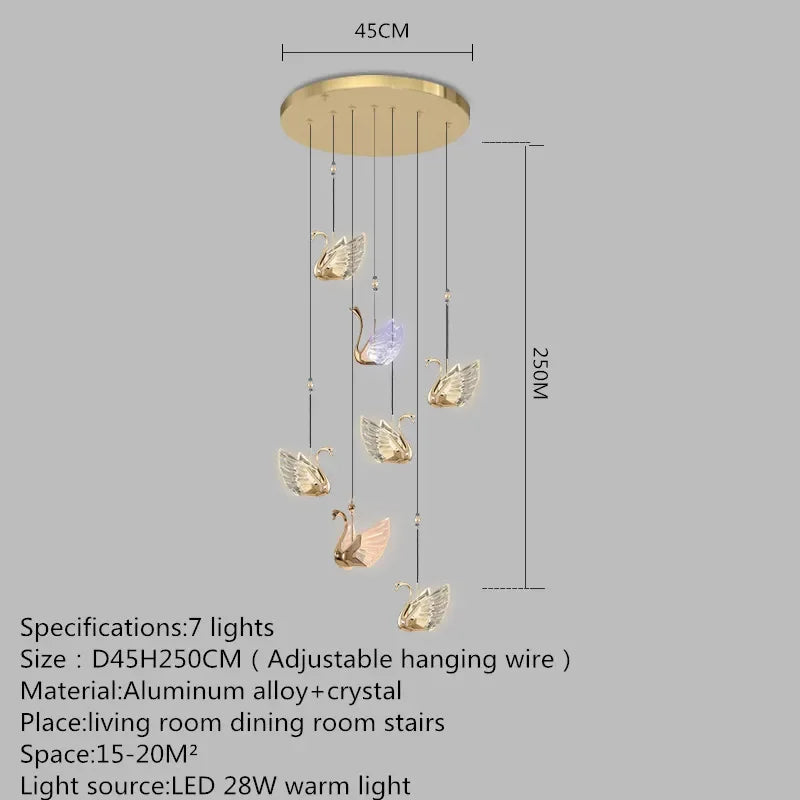 Chandelier with swan design and crystal elements, featuring dimensions and specifications on a gray background.