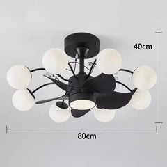 Black ceiling light fixture with white spherical lights and dimensions on a gray background