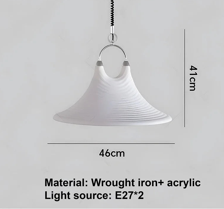 White pendant light with dimensions and material details on a gray background
