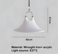 White pendant light with dimensions and material details on a gray background