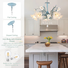 Kitchen with a decorative chandelier, island, and stools.