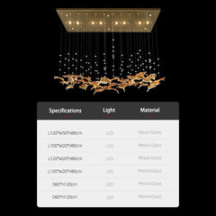 Chandelier with specifications table on a black background