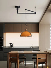 Amber Glass Dome Pendant Light with Wood Accent and Black Track Mount