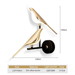 Gold bird-shaped wall light with dimensions and specifications on a white background
