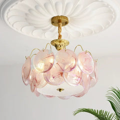 Gold Metal Frame Amethyst Glass Disc Semi-Flush Mount Chandelier