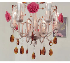 Pink Rose Ceramic Crystal Chandelier Semi-Flush Mount Light