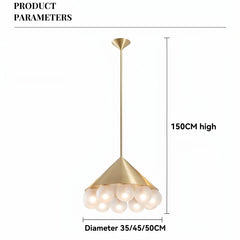 Gold pendant light with dimensions on a white background