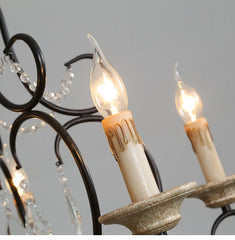 Black Metal Chandelier with Wood Beads and Crystal Droplets