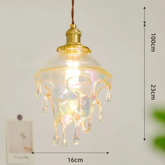 Decorative pendant light with gold fixture and glass shade, shown with measurements on a plain background.