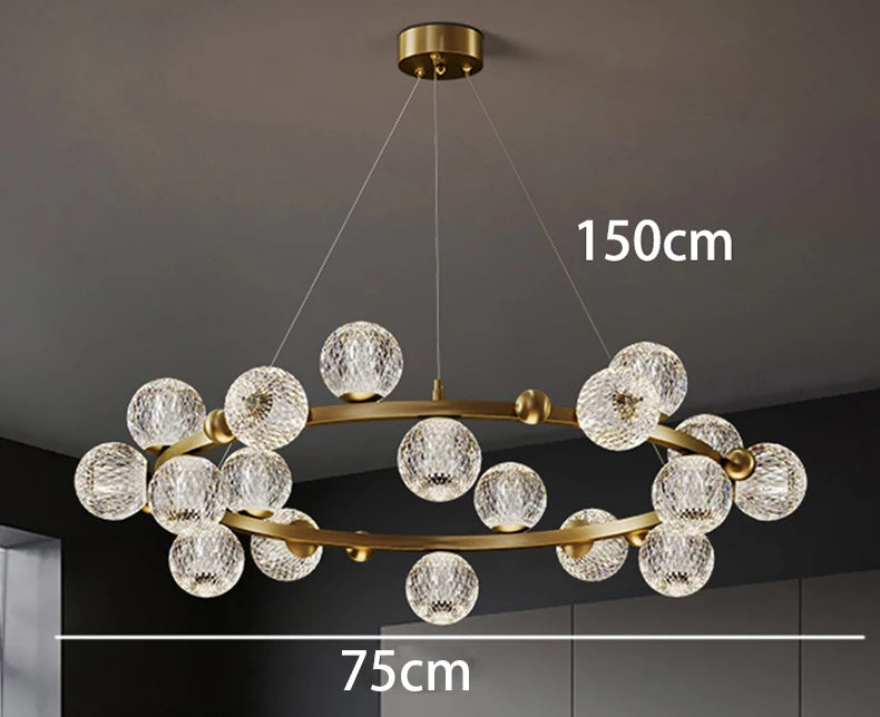 Modern chandelier with dimensions labeled on a dark background