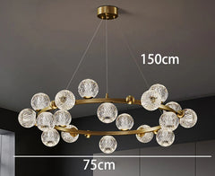 Modern chandelier with dimensions labeled on a dark background