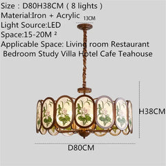 Bronze Chandelier with Frosted Glass and Green Leaf Floral Accents