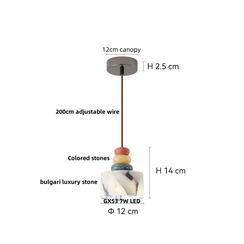 Measurement chart of a pendant light with colored stones and adjustable wire on a white background.