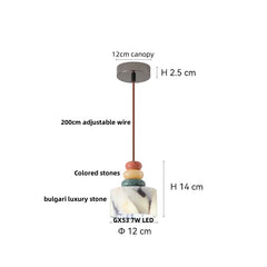 Measurement chart of a pendant light with colored stones and adjustable wire on a white background.