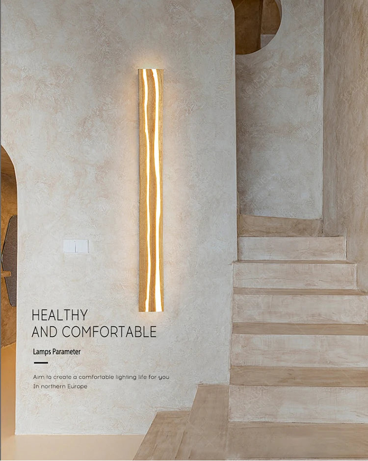 Wall-mounted lamp with text 'Healthy and Comfortable' in a modern interior setting.