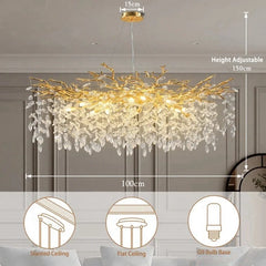 Gold chandelier with crystal accents in a room setting, showing dimensions and bulb type.