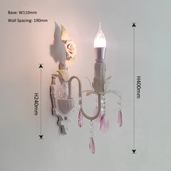 White Floral Wall Sconce with Pink Crystal Drops and Rose Accents