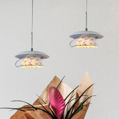 Gold Metal Frame Floral Ceramic Pendant Light with Green Leaf Accents