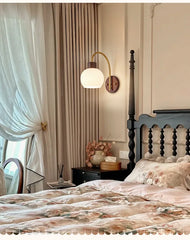 Wood and Brass Arm Wall Sconce with Frosted Glass Shade
