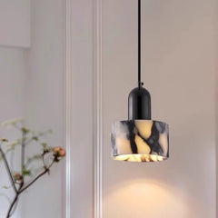 Marble and Wood Pendant Light with Frosted Glass Shade