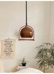 Amber Glass Dome Pendant Light with Wood Accents