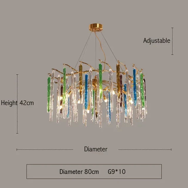 Chandelier with dimensions on a gray background