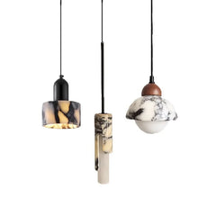 Marble and Wood Pendant Light with Frosted Glass Shade