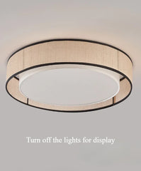 Beige Fabric Drum Flush Mount Light Black Trim Frosted Diffuser