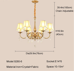 Gold chandelier with dimensions and specifications on a beige background