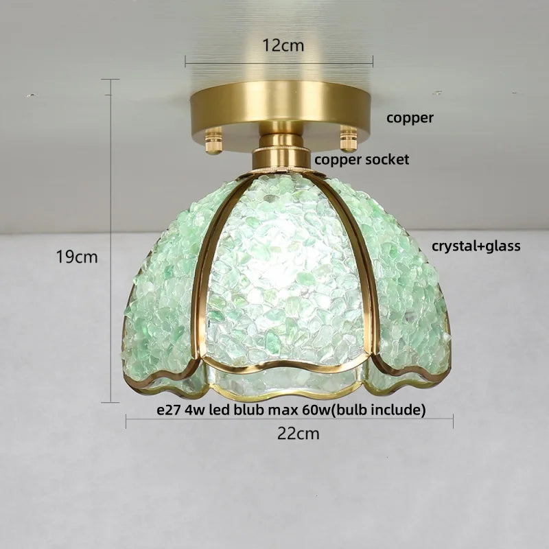 Ceiling light fixture with green crystal shade and gold frame, showing measurements and material details.