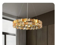Gold Ring Chandelier with Textured Butterfly Glass Cubes