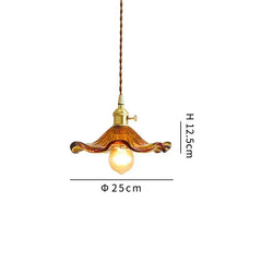 Vintage-style pendant light with dimensions on a white background