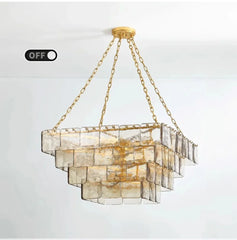 Tiered Amber Glass Chandelier with Brushed Gold Finish Metal Frame