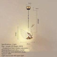 Gold swan-shaped pendant light with dimensions and specifications on a beige background