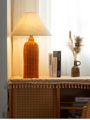 Handwoven Rattan Drum Table Lamp with Fabric Shade