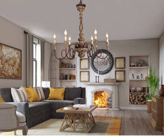 Distressed Wood Iron Candle Chandelier Light Fixture with Candle Bulbs