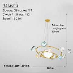 Chandelier with 13 lights, G9 socket, and dimensions on a gray background