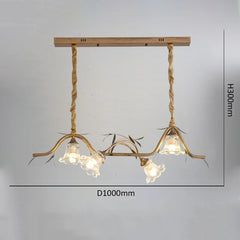 Gold Floral Branch Pendant Light Frosted Bell Shades & Leaf Accents