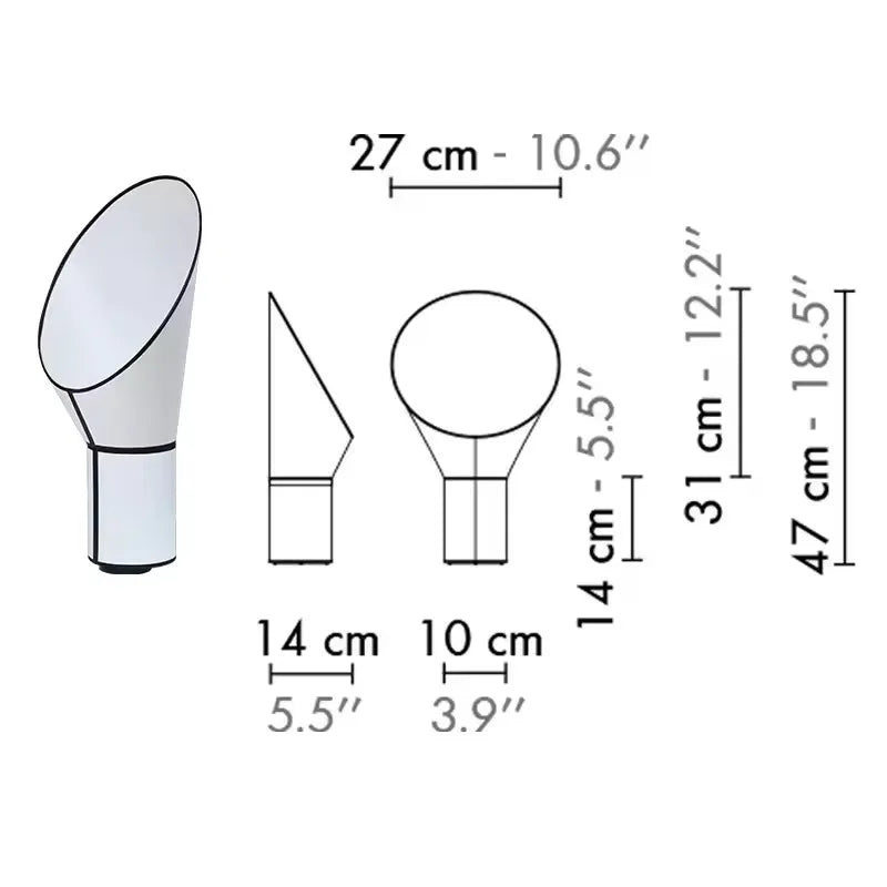 Measurement chart of lamp parts with dimensions in centimeters and inches.