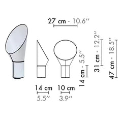 Measurement chart of lamp parts with dimensions in centimeters and inches.