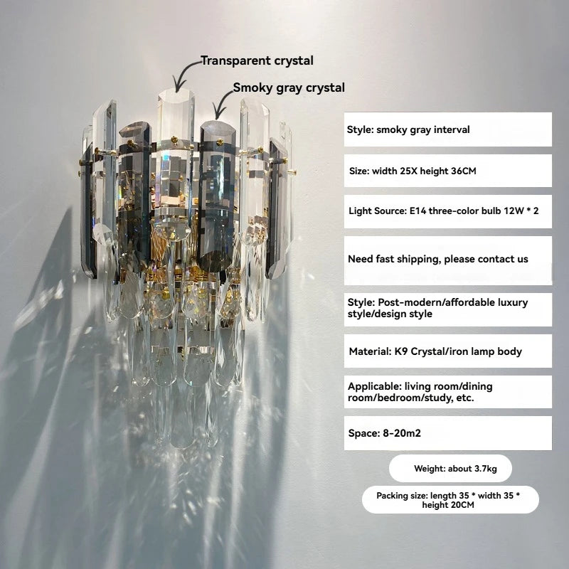 Wall-mounted crystal light fixture with specifications on a gray background
