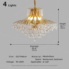 Gold chandelier with crystal accents and dimensions on a gray background
