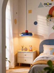 Modern Blue Oval Pendant Light with Red Orb and Frosted Glass Accents