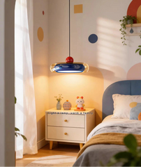 Modern Blue Oval Pendant Light with Red Orb and Frosted Glass Accents