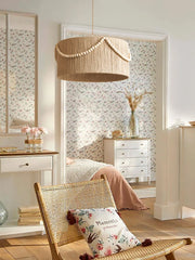 Jute Drum Pendant Light with Natural Wood Beads Accent