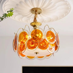 Gold Metal Frame Amethyst Glass Disc Semi-Flush Mount Chandelier