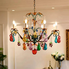 Teal & Gold Metal Chandelier Colorful Crystal Fruit & Leaf Accents